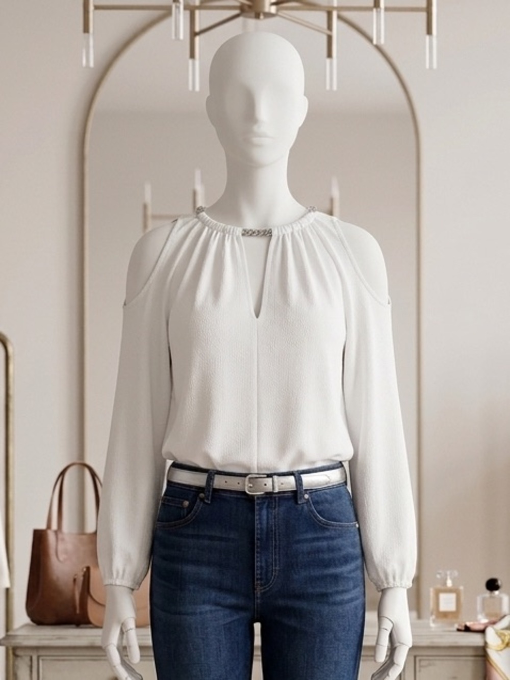 Michael Kors White Cold-Shoulder Blouse with Keyhole Neck